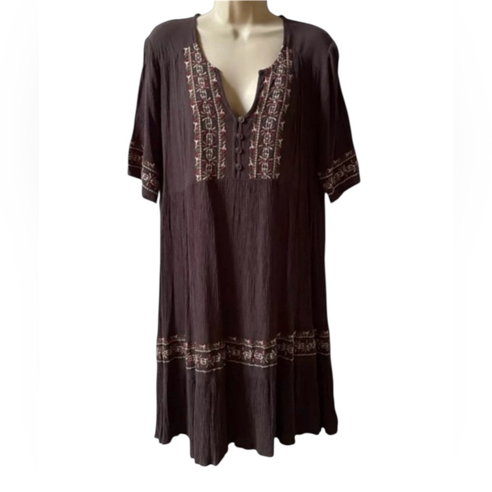 Knox Rose Women's Dark Brown Boho Peasant Embroidered Midi Dress EUC XL #1717 - Picture 2 of 9